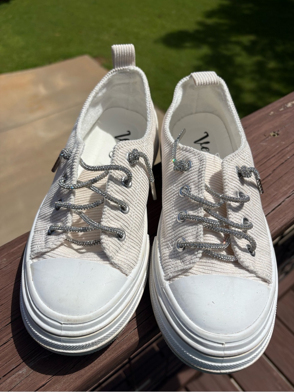 Very G White Corduroy Slip-On Sneakers with Silver Sparkle Laces